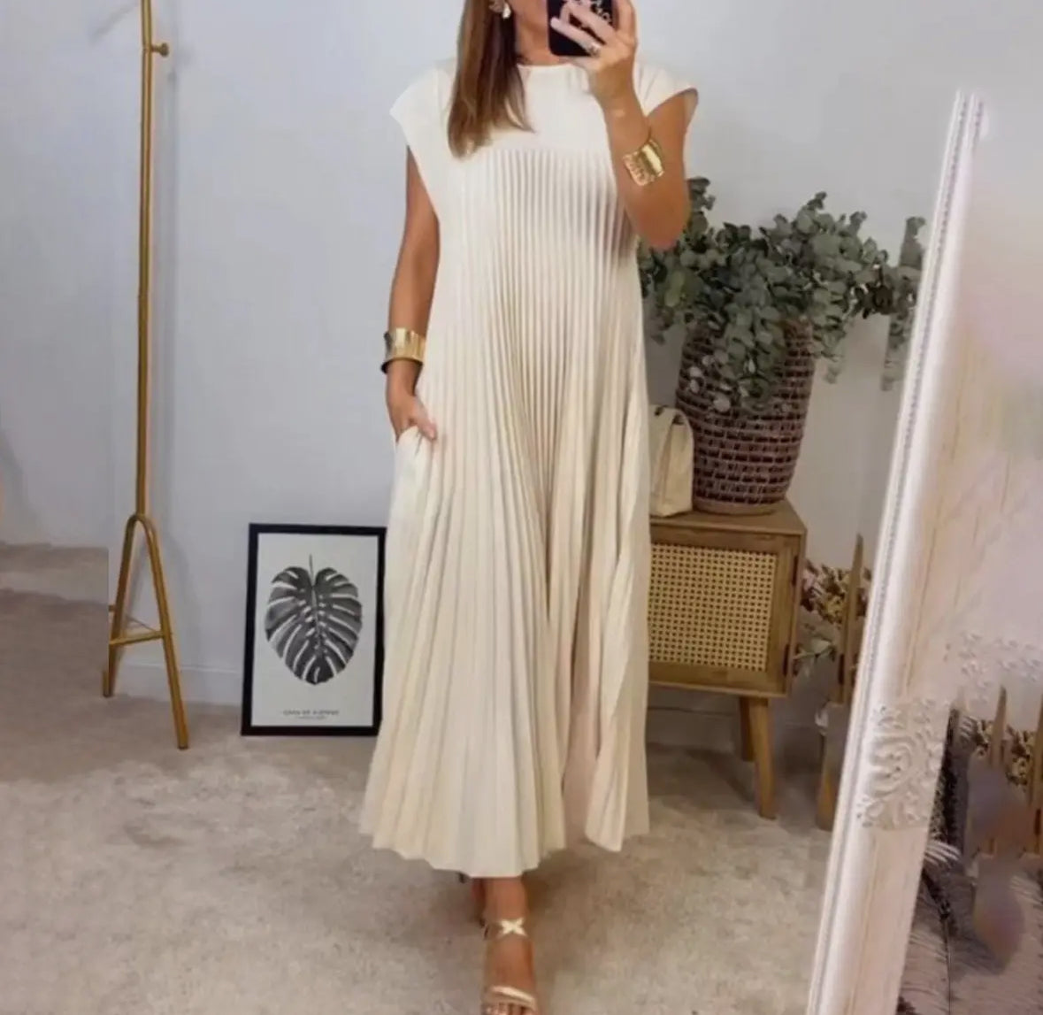 Beige Round Neck Sleeveless Pleated Long Dress
