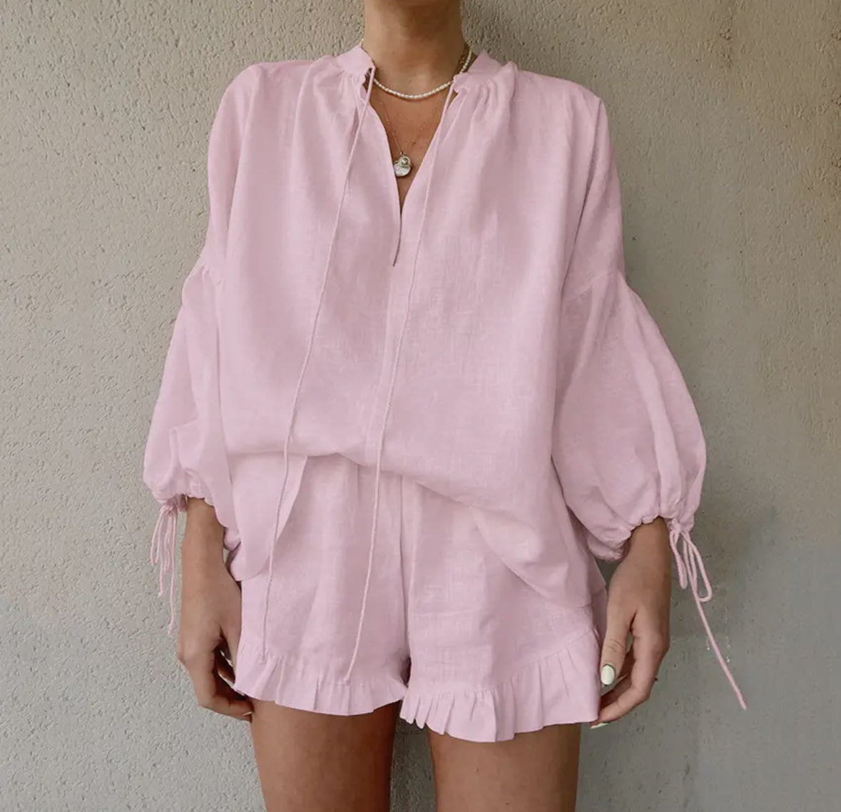 V-Neck Cotton Puffer Top & Short Set