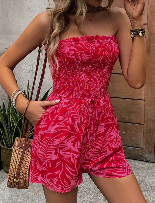 One-Line Shoulder Elastic Print Jumpsuit